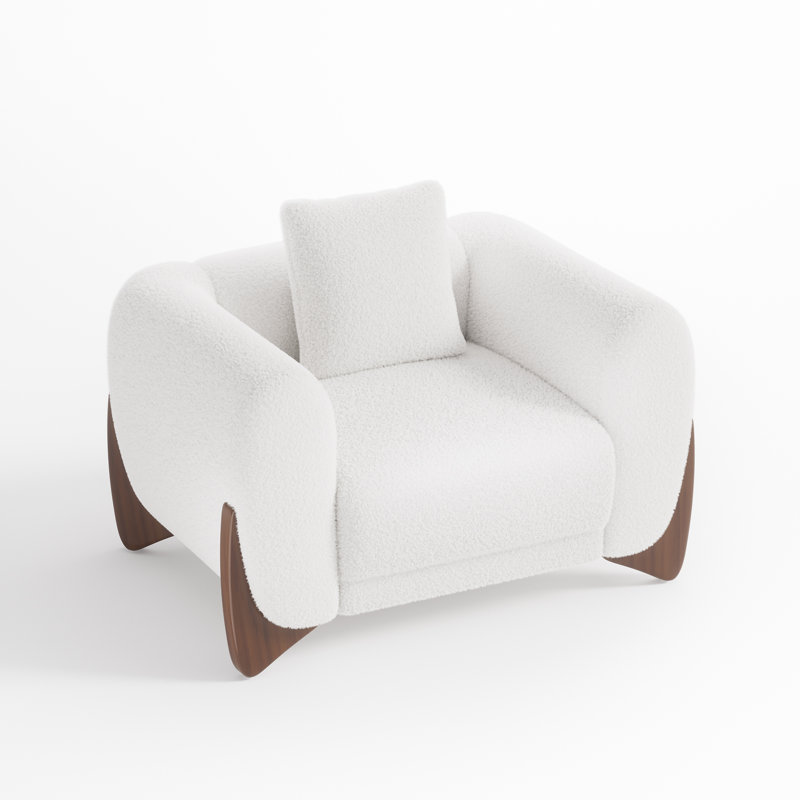 Modern Bouclé Armchair with Tilted Wooden Legs, White