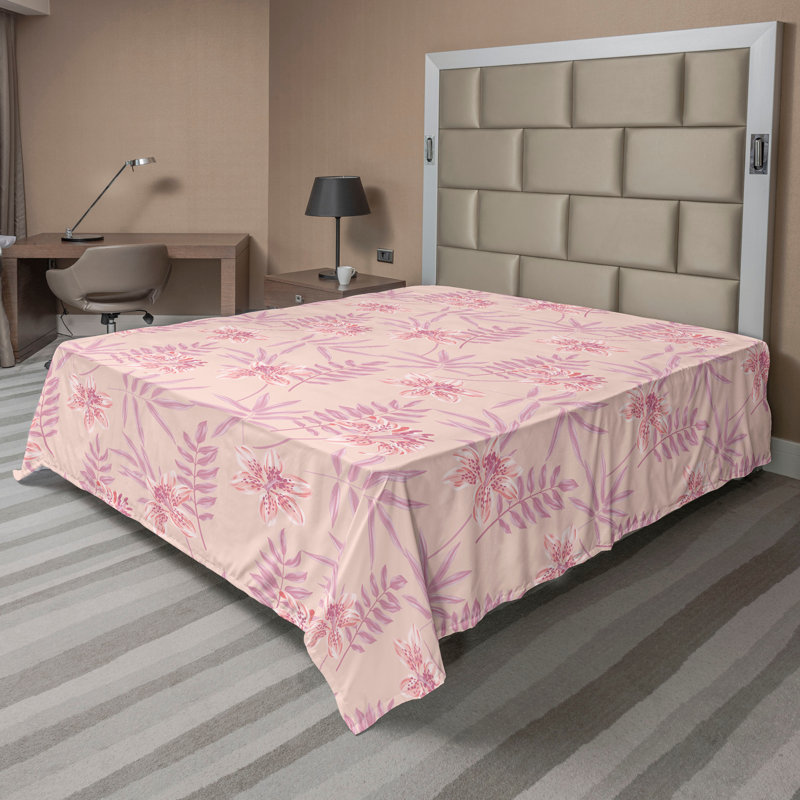 Ambesonne Flowers Flat Sheet Nostalgia Farmhouse, Peach Dried Rose and Coral