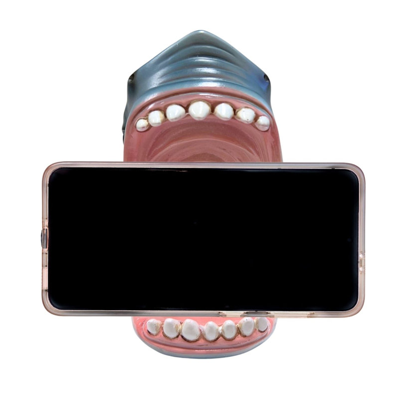 Resin Whimsical Shark Cell Phone Stand Realistic Goofy Shark Jaw Teeth Desktop Holder for Home or Office