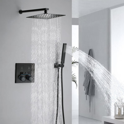 Système de douche thermostatique mural à affichage numérique avec douchette, robinetterie de douche à 2 poignées et ensemble de garnitures de douche en laiton