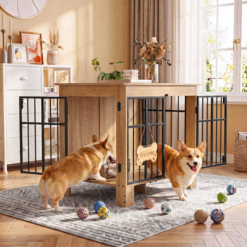 85 cm Dog Crate Furniture, Double Door Dog Cage with Welcome Sign & Side Hook for Small & Medium Dogs, Wood