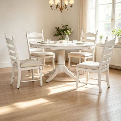 5-Piece Retro Functional Dining Table Set Wood Round Extendable Dining Table and 4 Upholstered Dining Chairs