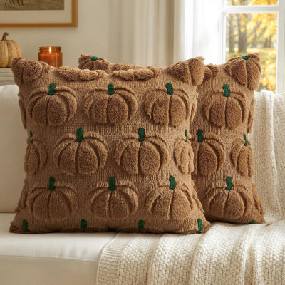 Fall Pumpkin Pillow Covers Fall Decor Brown Green Stem 18x18 Decorative Autumn Harvest,Fall Decorations for Home,Set of 2,Soft Plush Faux Fur,Farmhouse Halloween Porch Coach Bedroom