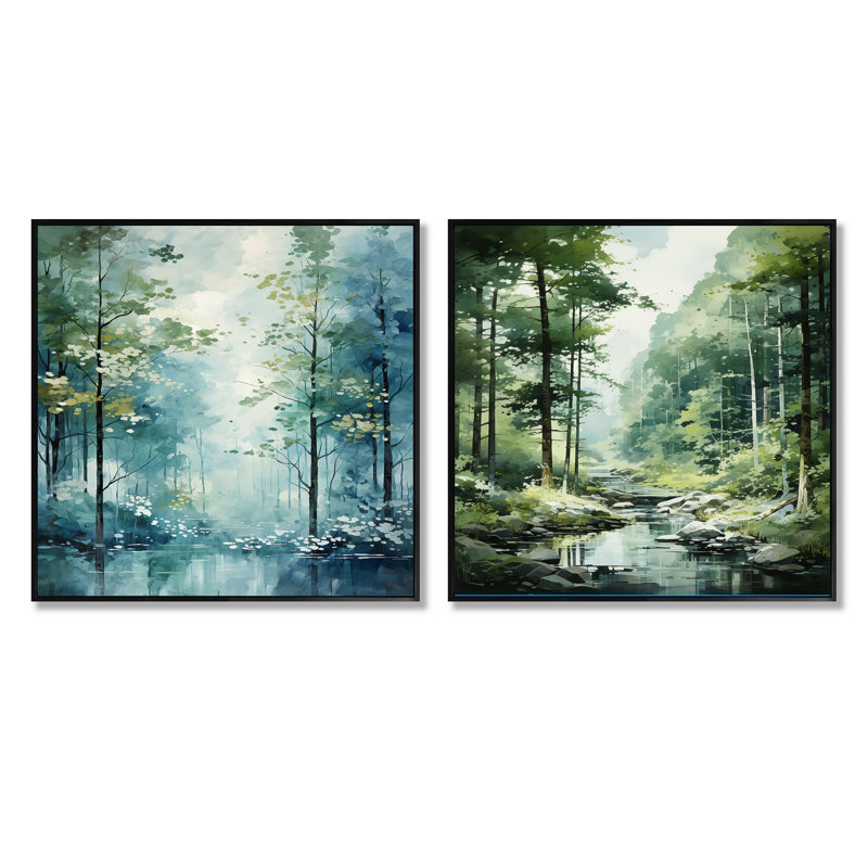 Tranquil Shadows Green Forest - ensemble de 2 carrés de forêt, Cadre flottant noir, H 36 po x l 73 po