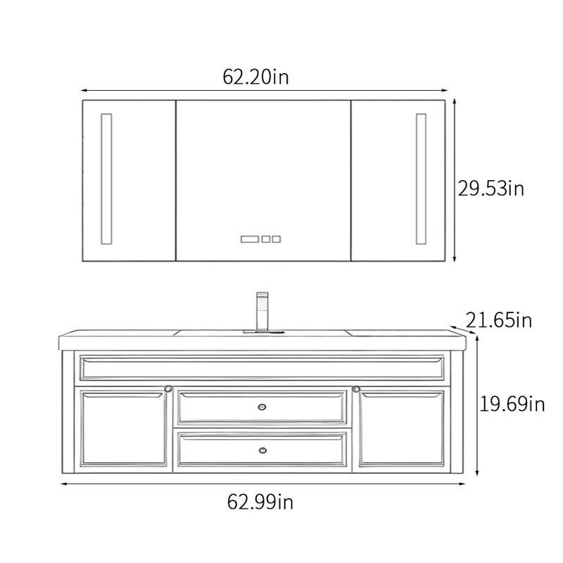 American light luxury retro style bathroom cabinet, H 19,69 po x l 62,99 po x P 21,65 po, Noir