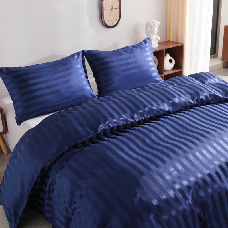 Ensemble de housse de couette soyeux à rayures satinées, doux, respirant et doux pour la peau (édredon non inclus), Marine