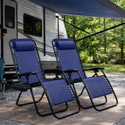 Barca Folding Zero Gravity Chairs Steel Sling Outdoor Lounge Chairs with Cup Holder with Set in Indigo Blue (2-Pack)