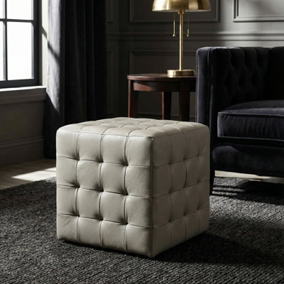 Phabian Tufted Cube Ottoman in 100% Genuine Leather, light gray