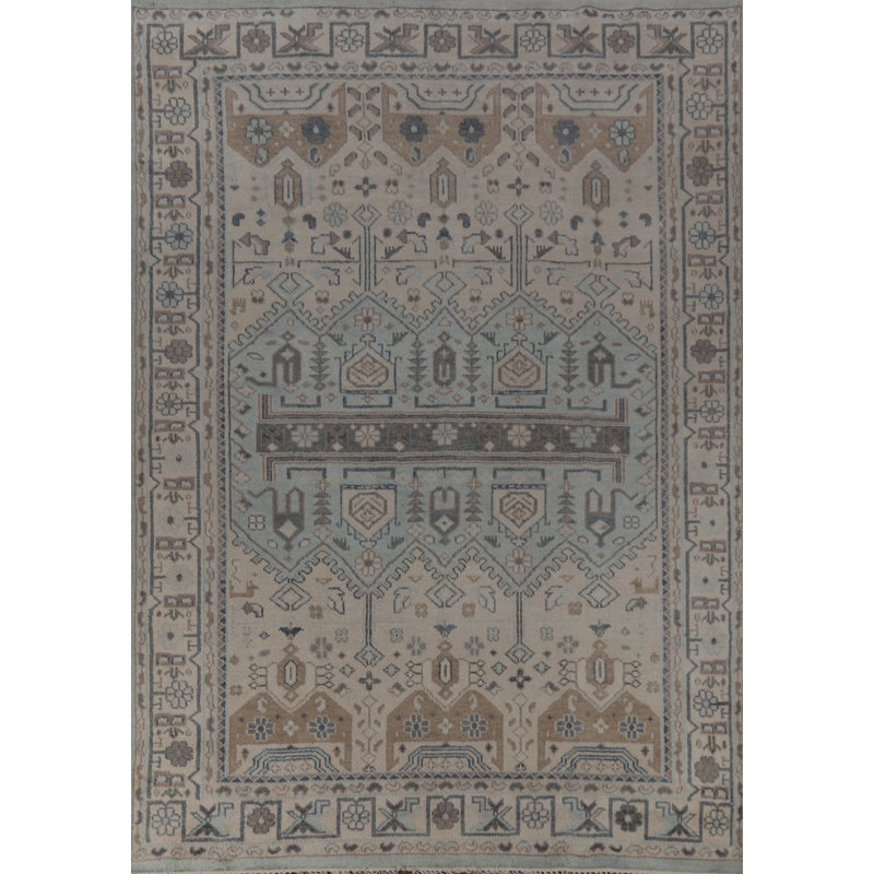 Tapis bleu clair à motif géométrique Oushak 9 x 12