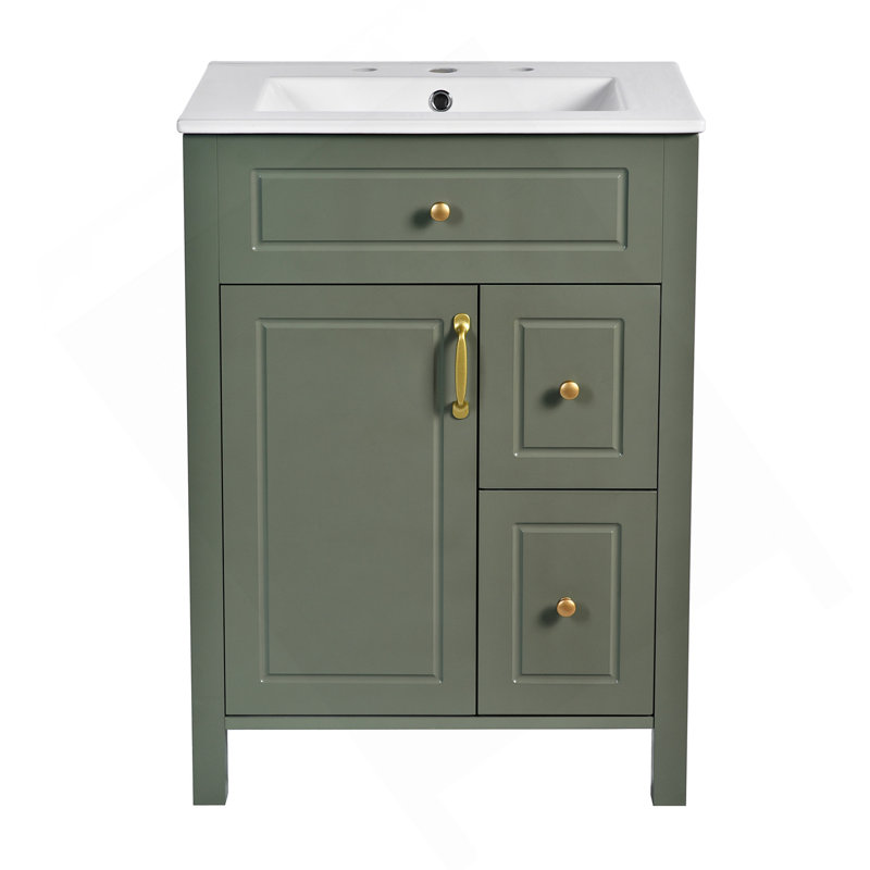 Meuble-lavabo de 24 pouces avec lavabo en céramique, 1 porte à fermeture en douceur, 2 tiroirs à fermeture en douceur et 2 supports de rangement sur la porte