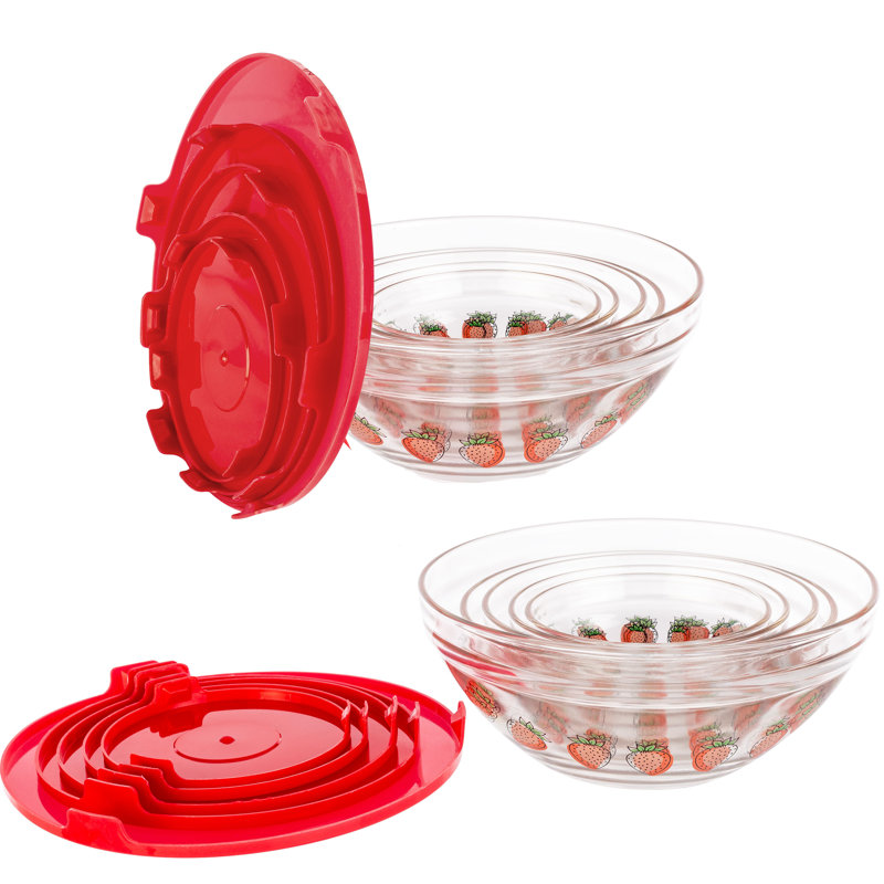 20-Piece Glass Bowls with Lids Set - Strawberry Design Mixing Bowls Set with Multiple Sizes