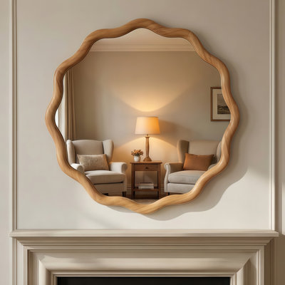 Miroir rond ondulé en chêne de 24 pouces, miroir mural décoratif en bois massif pour salle de bain, chambre à coucher, salon et entrée, miroir de meuble-lavabo en bois Boho