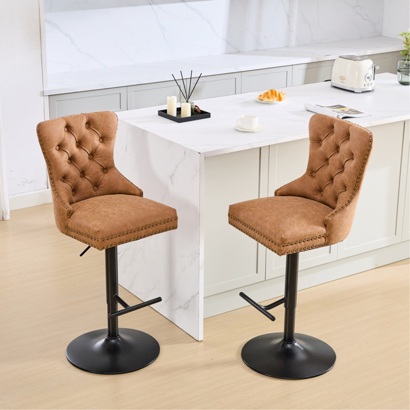 Tabourets de bar modernes en cuir PU orange - de 2 boutons tirés à la main sur le dossier, hauteur de siège réglable de 25 à 33 pouces, stabilité avec hauteur de rembourrage du dossier pour îlot de cuisine et pub