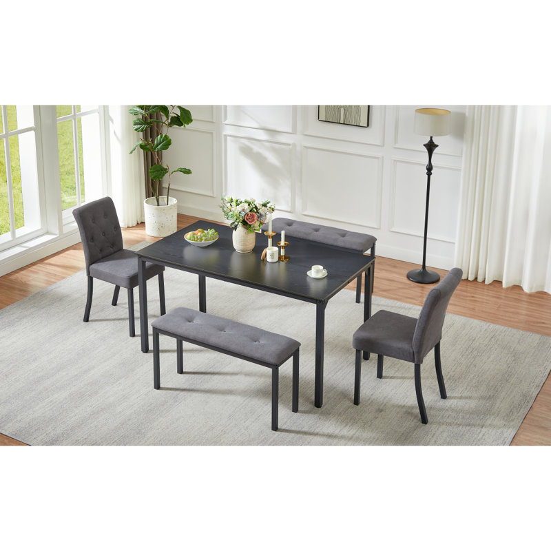 Ensemble de salle à manger 5 pièces comprenant 1 table, 2 chaises rembourrées et 2 bancs; Un ensemble de salle à manger de style rustique peu encombrant adapté aux salles à manger et aux cuisines, gris et noir.