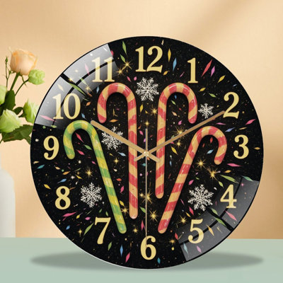 Clock-Face-Candy-Canes-Snowflakes Art - 12'' Modern Glass Wall Clock