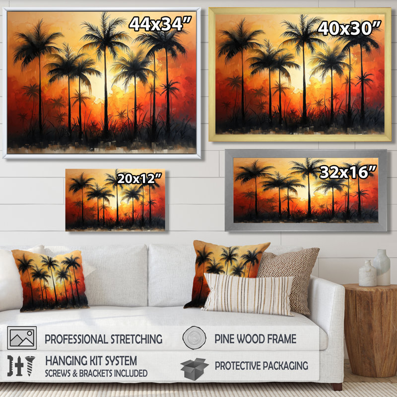 «Clarens Blossom Of Sunset Colors Plam Trees II» - art mural palmiers et palmiers, H 12 po x l 20 po, Toile tendue
