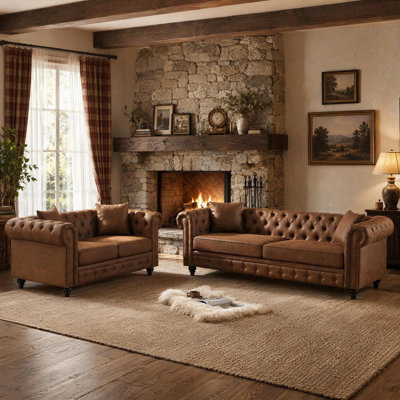 3+2 Seater Sofa Set, Mid Century Modern Upholstered Chesterfield ‌tech Fabric Sofa, High-tech Fabric Roll Armrest Sofa with 4 Pillows