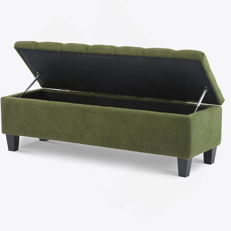 Banc repose-pieds avec rangement, surface bouclée verte, pieds en bois d'hévéa, capacité de 300 lb