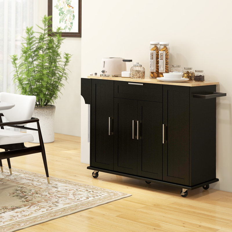 Kitchen Island On Wheels, Rolling Kitchen Cart With Rubberwood Top, Drawer, Spice Rack, Towel Rack, Storage Cabinet With Inner Adjustable Shelves