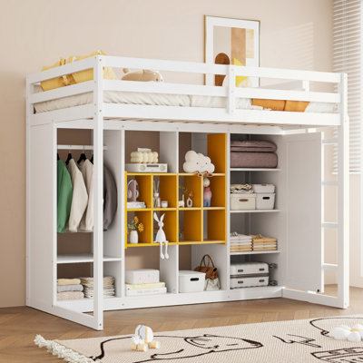 Lit mezzanine en bois avec garde-robe, tablettes et armoire