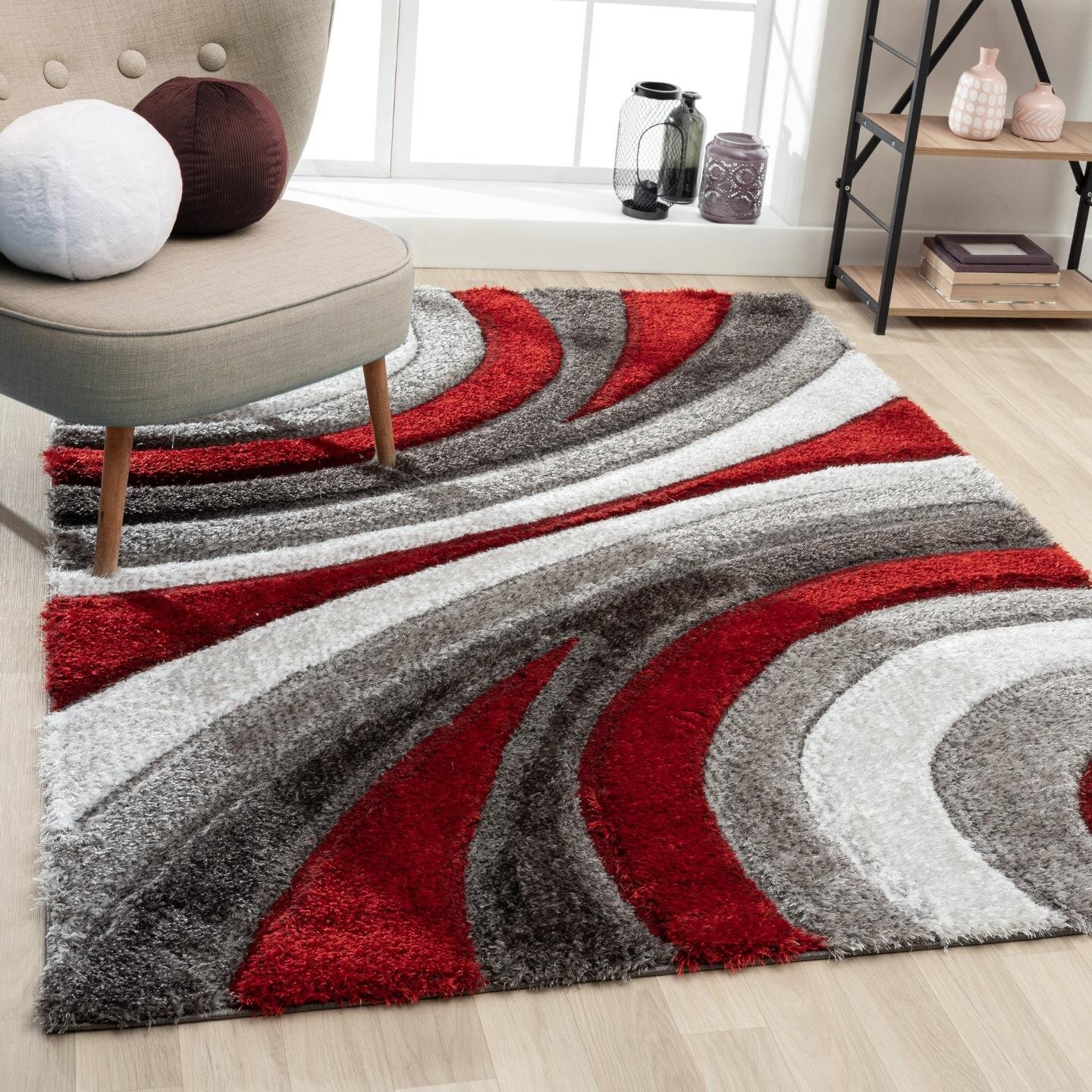 Red Black Gray Abstract Wave Area Rug, Kitchen Floor Mat, Office