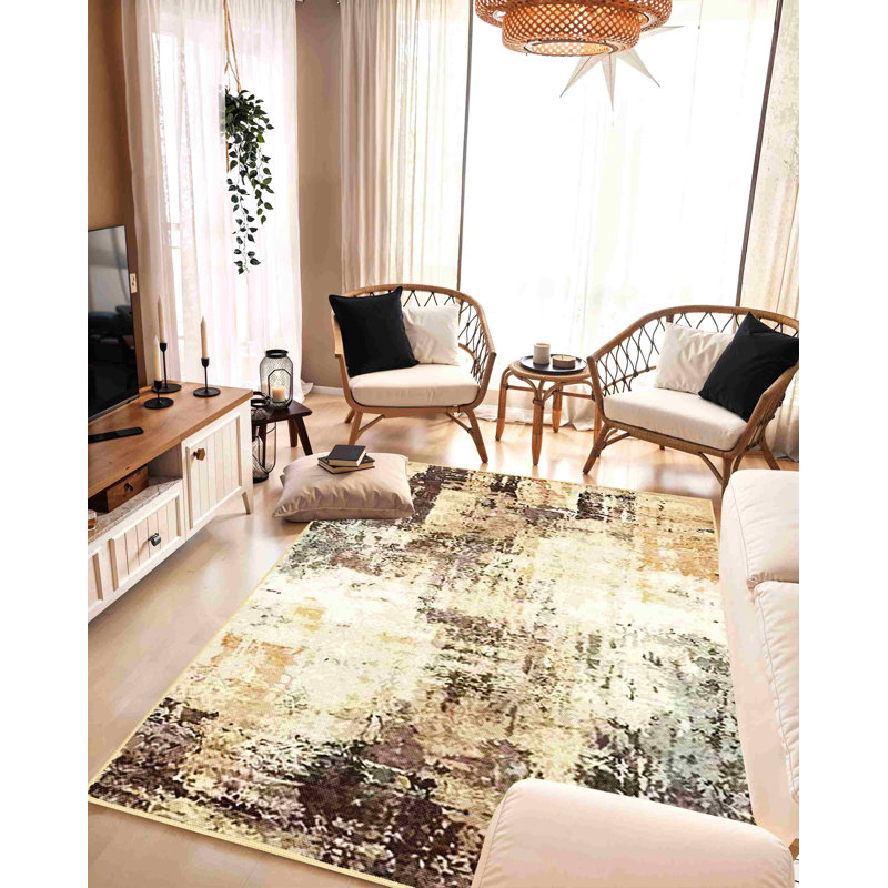 Nyeim Machine Washable Living Room Rug Design 7775 - 5X8 (5'2"X7'5"), Beige