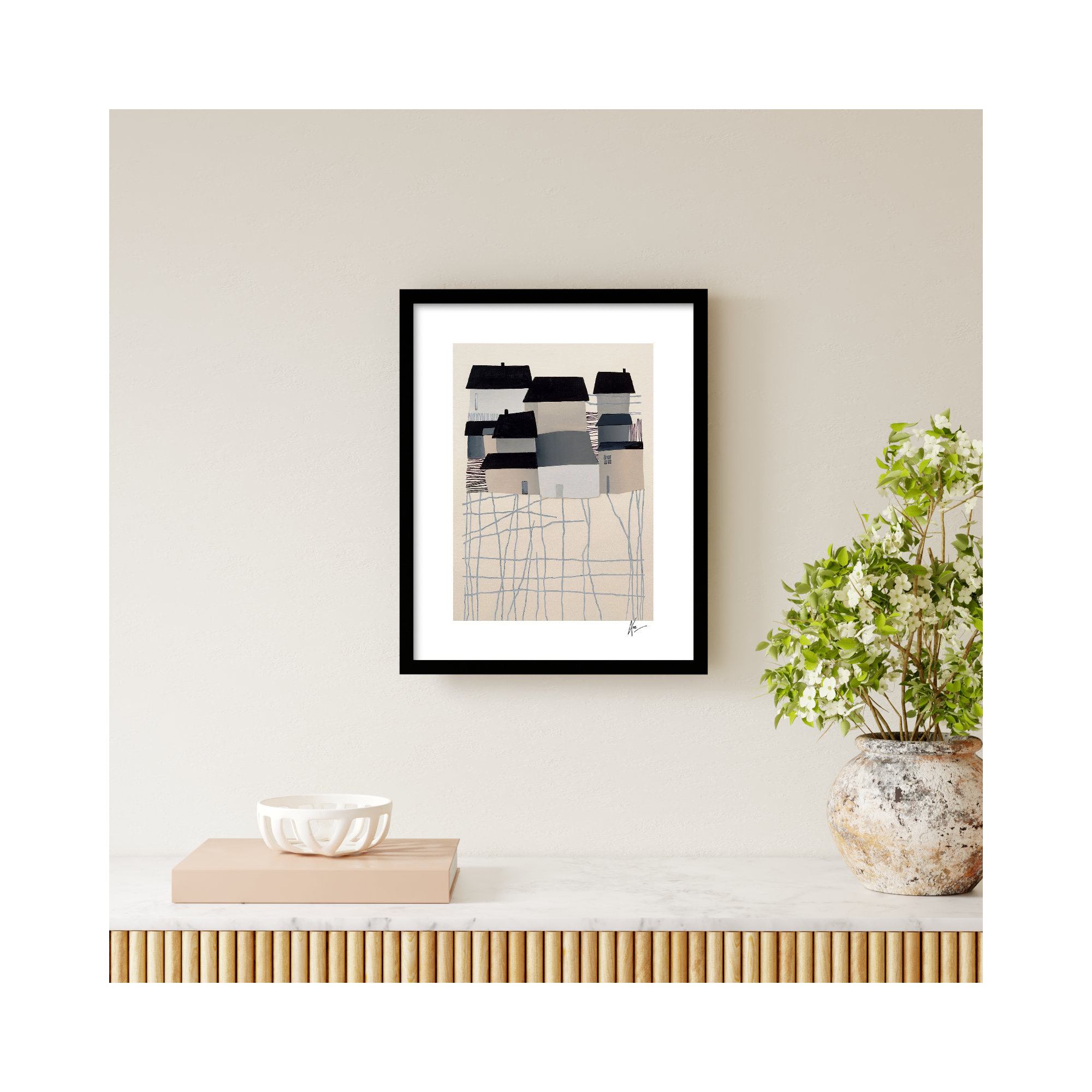 Village by Lee Lessem, 20" H x 16" W x 1.25" D, Black