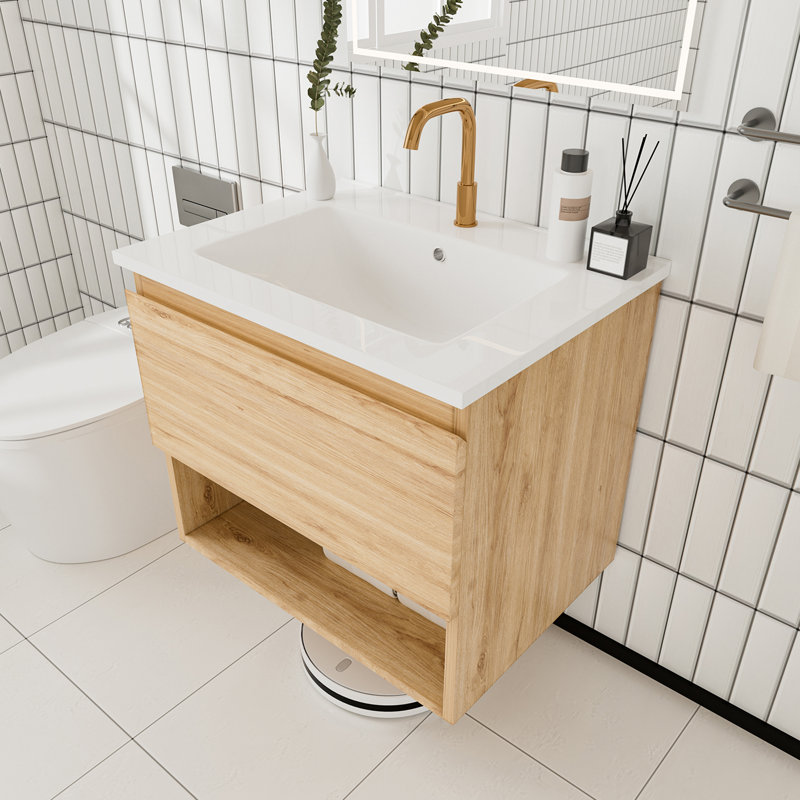 Ensemble de meuble-lavabo mural moderne 24 po et 30 po avec lavabos de comptoir et tiroirs à fermeture en douceur avec rangement ouvert