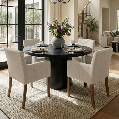 4 - Person Dining Table Sets With Solid Wood Round Table & 4 Linen Upholstered Armchairs