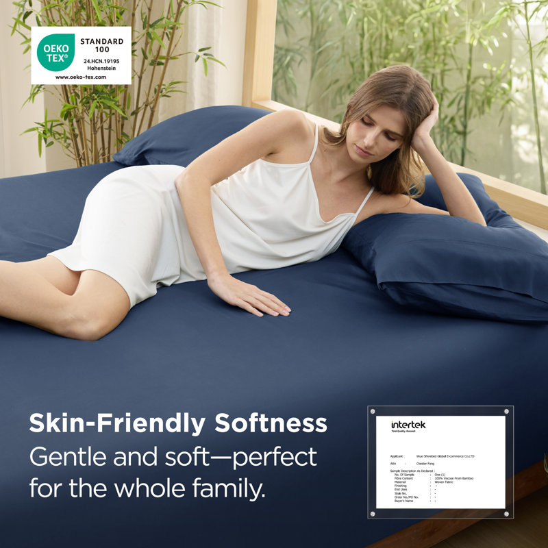 Bedsure 100% Rayon From Bamboo Cooling Fitted Sheet, Breathable PureWoven Bed Sheet for Hot Sleepers with Deep Pocket, Blue