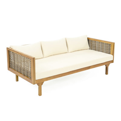 67.5" Outdoor Patio Daybed Sofa Bed, Acacia Wood Frame, Rattan Arms, Cushion & Pillow