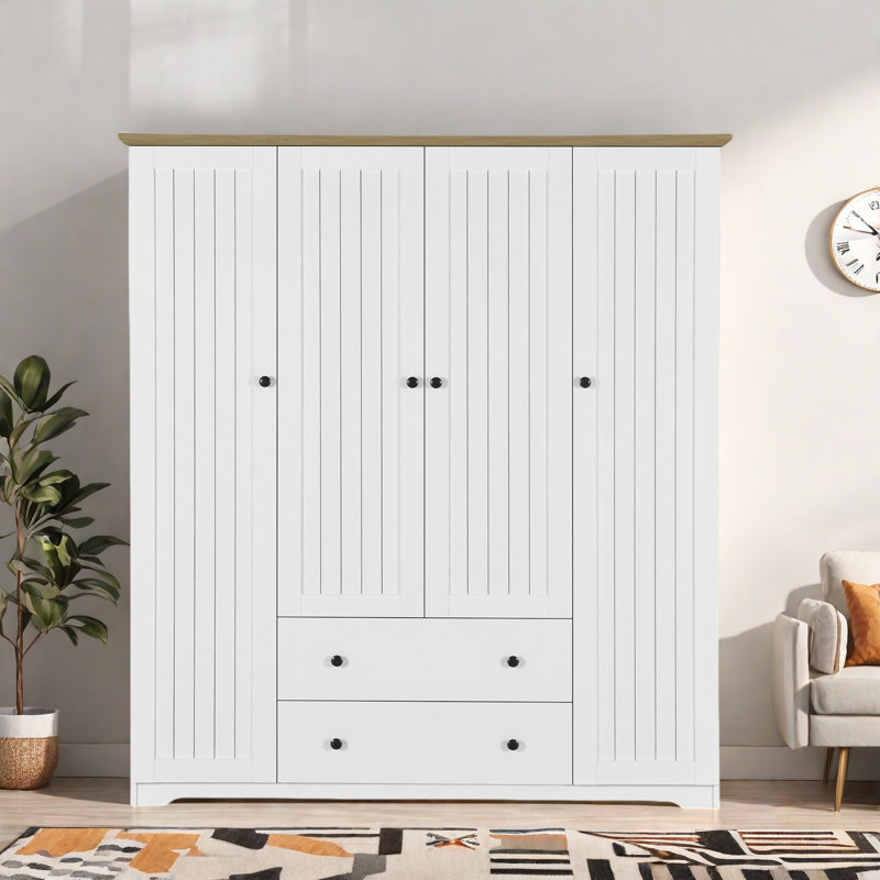 Armoire penderie 4 portes avec 2 tiroirs, Blanc