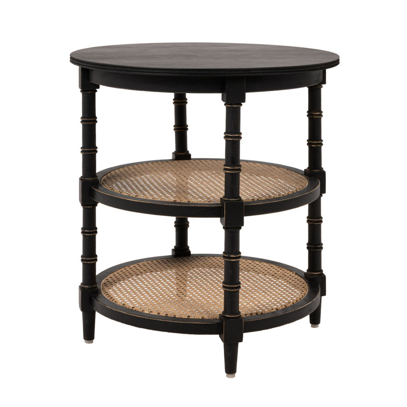 Round Wood Table with 2 Cane Shelves