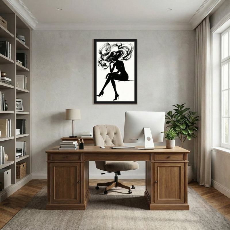 Silhouette abstraite femme avec des cheveux qui coule et un chapeau, H 24 po x l 16 po