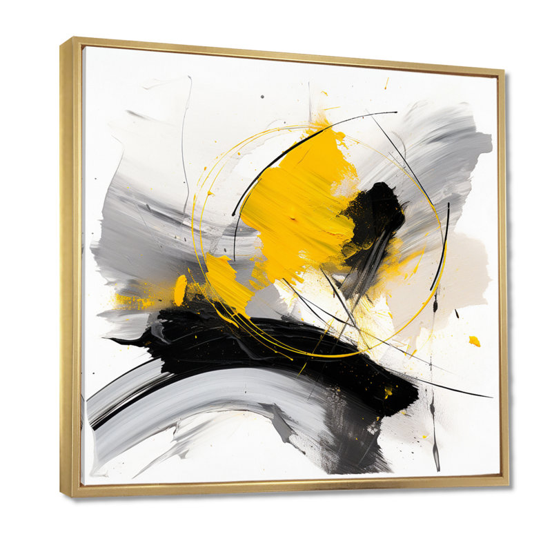 «Fragments of Feeling Yellow and Grey III», reproduction d'art murale abstraite, Cadre flottant doré, H 16 po x l 16 po