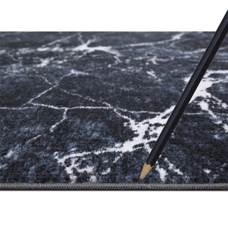Lyanne Washable Non-Slip Marble Black Area Rug, Rectangle 6'7" x 9'
