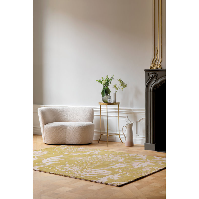 Yellow and Off-White Wool Floral Handmade Tufted Rug