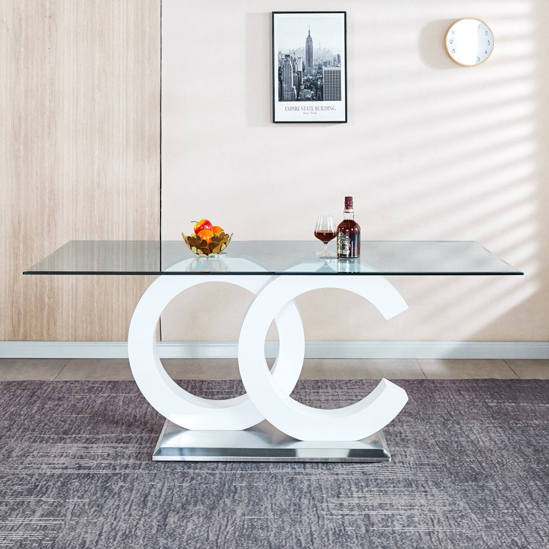 Glass Top Dining Table, White/Silver