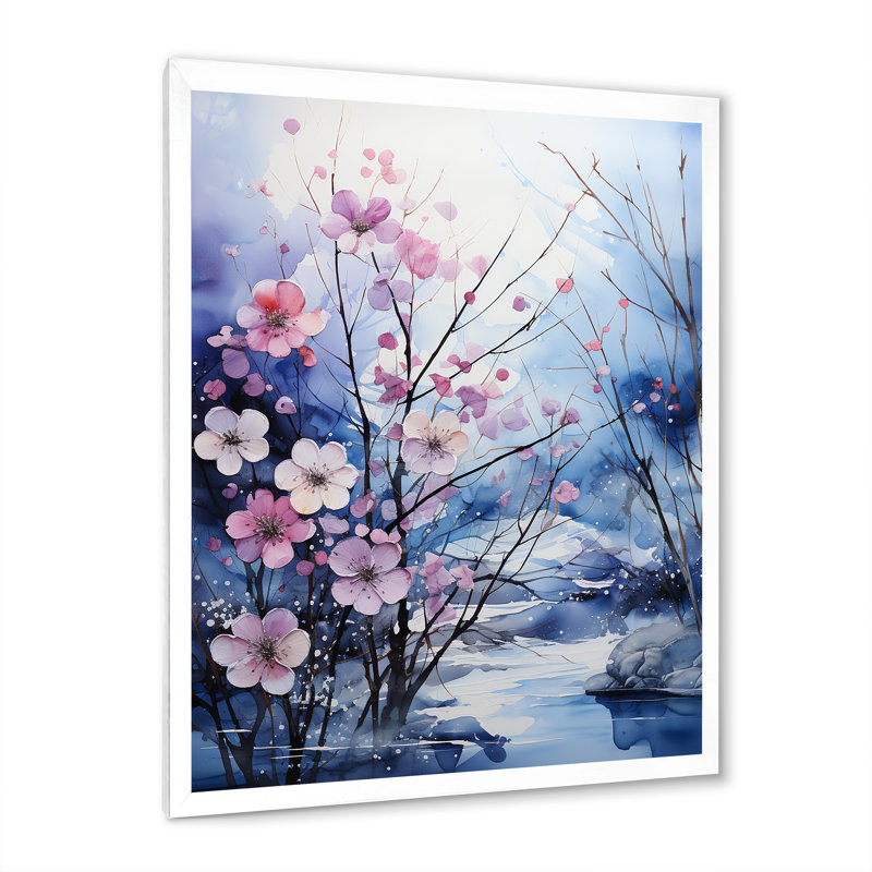 " Frosty Blue River Landscape ", 32" H x 16" W x 1" D, White Single Picture Framed