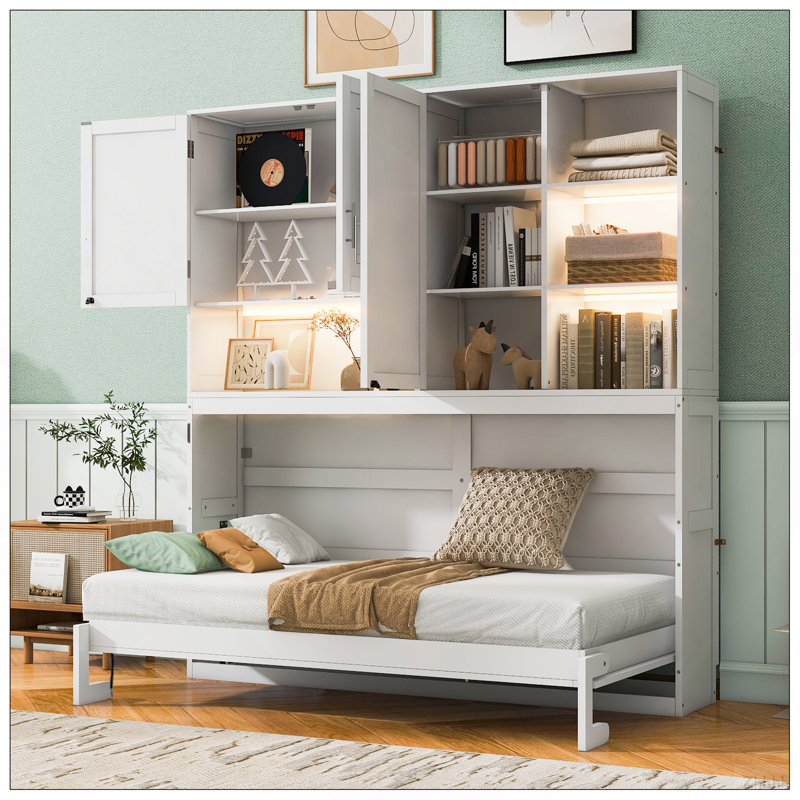 Lit escamotable mural simple avec armoire supérieure, tablettes, lit pliable peu encombrant avec lumière et USB, blanc, White
