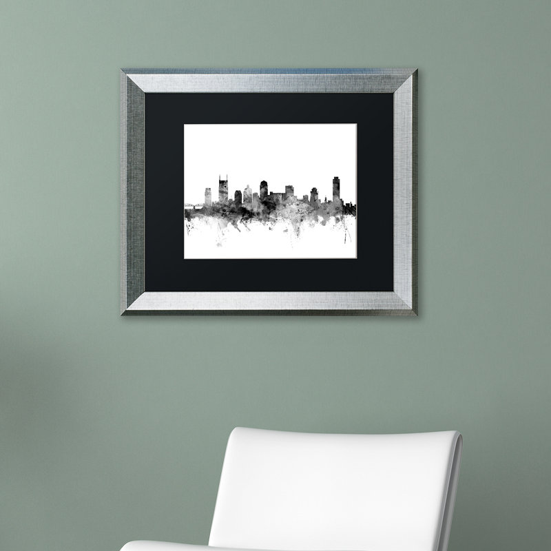 « nashville tn horizon b&w », impression encadrée, H 16 po x l 20 po x P 0,5 po, Noir, Cadre argenté