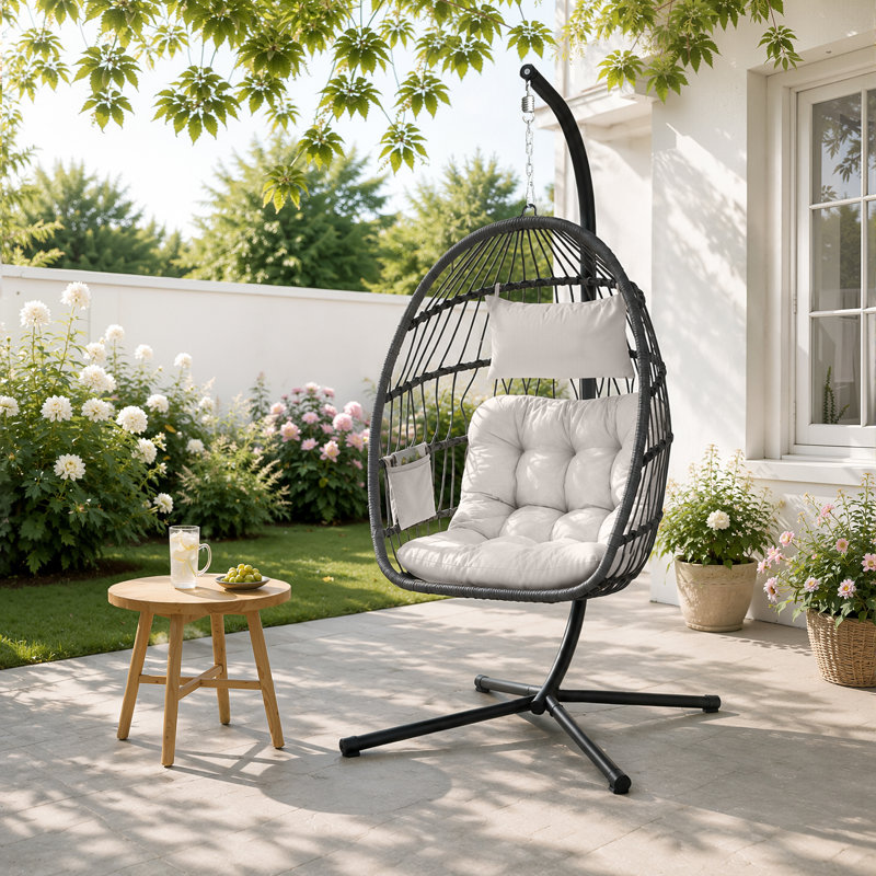 Fauteuil suspendu œuf en rotin avec support et coussin