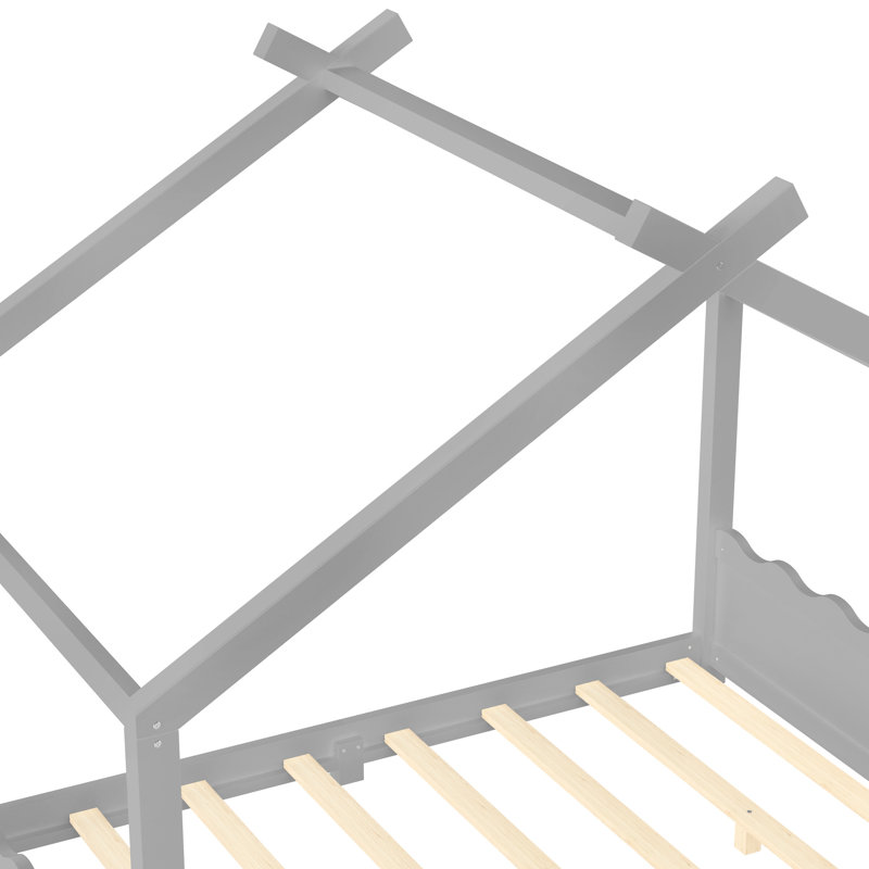 Lit double pleine grandeur sur plancher gris, bois massif, lattes de soutien, lit de bébé gris pour un développement créatif et sécuritaire, pour le développement imaginatif