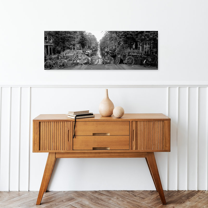 Bicycles On Bridge Over Canal Amsterdam Netherlands 1 Piece Wrapped Canvas Panoramic Wall Art, 30.48 cm H x 91.44 cm W