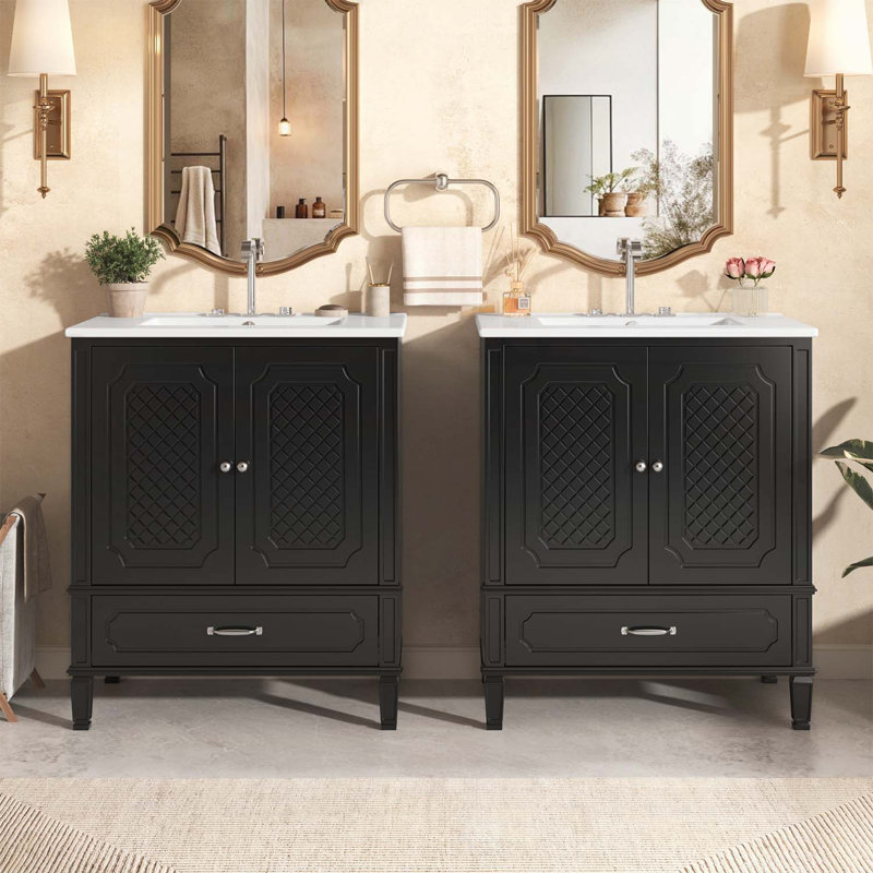 Ensemble de meuble-lavabo autoportant, ensemble de 2, Argent argent, Noir