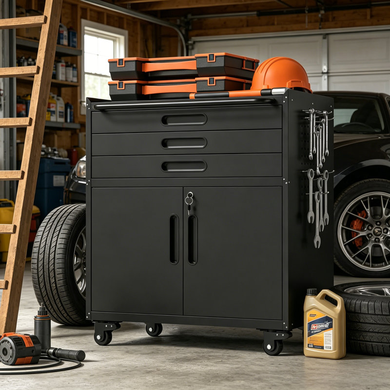Heavy-Duty Metal Rolling Tool Cabinet, 34.3 Inches, With Lockable Doors And 3 Drawers; Can Be Used As A Mobile Workbench, Suitable For Garages, Workshops, And Home Use.
