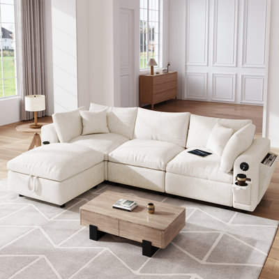 110.5" Cloud Chenille L-Shaped Modular Sectional Sofa with Storage Ottoman, USB-C Charging Ports, Cup Holders, Deep Seat Sofa for Living Room, Beige