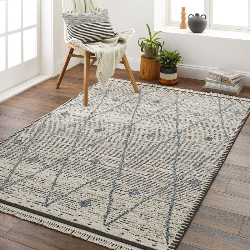 Isal Diamond Charcoal and Blue Area Rug, Rectangle 5' x 8'