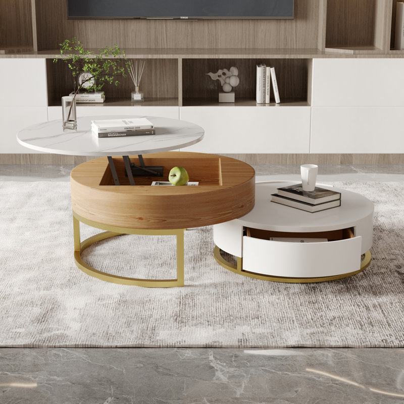 Bonapart Round Coffee Table Set with Storage, Lift-Top Coffee Tables, Dali White/White