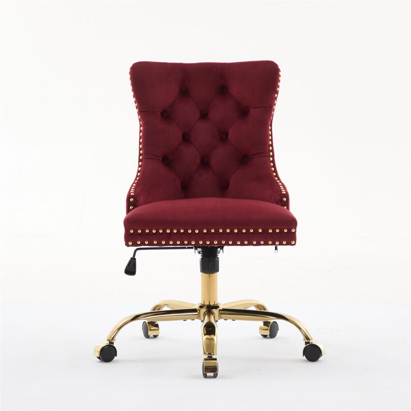 Fauteuil de bureau moderne capitonné en velours capitonné à boutons, fauteuil de bureau pivotant sans accoudoirs, Rouge vin